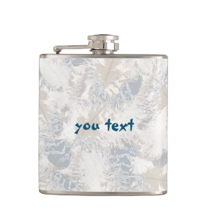 owl Feathers, grey, beige and blue, bird, light, Hip Flask