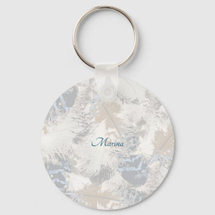 owl Feathers, grey, beige and blue, bird, light, Key Ring