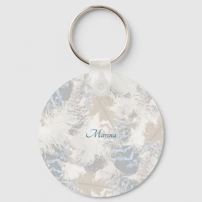 owl Feathers, grey, beige and blue, bird, light, Key Ring (Front)