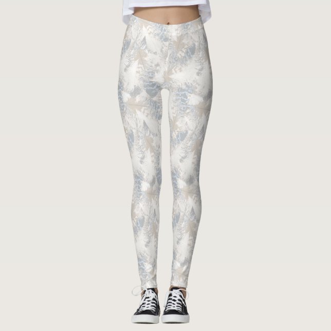 owl Feathers, grey, beige and blue, bird, light, Leggings (Front)