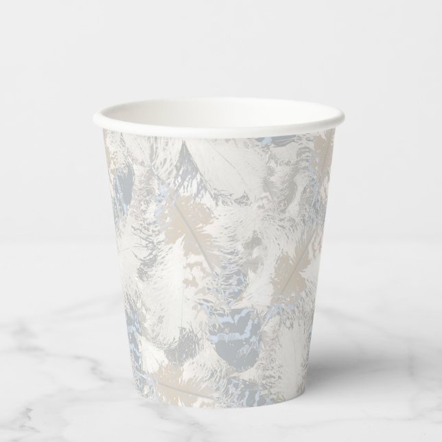 owl Feathers, grey, beige and blue, bird, light,  Paper Cups (Front)