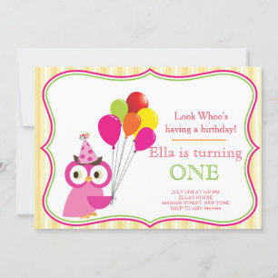 Owl First Birthday Girl Party Invitation