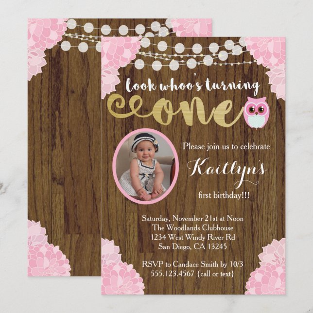 Owl First Birthday Girl Photo Invitation (Front/Back)