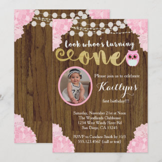 Owl First Birthday Girl Photo Invitation