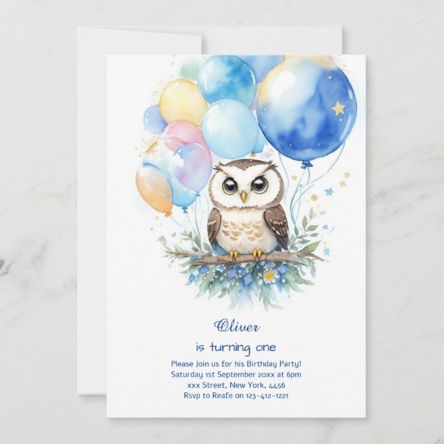 Owl First Birthday Invitation (Front)