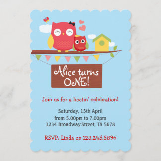 Owl first birthday invitation