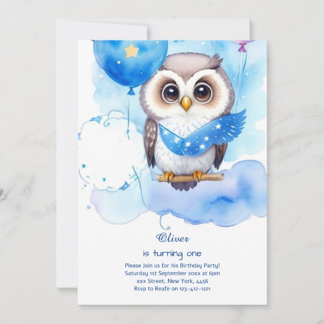 Owl First Birthday Invitation (Front)