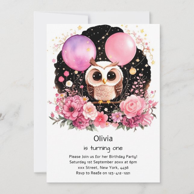 Owl First Birthday Invitation (Front)