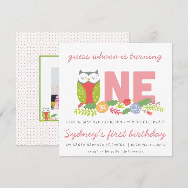 Owl first birthday invitation (Front/Back)