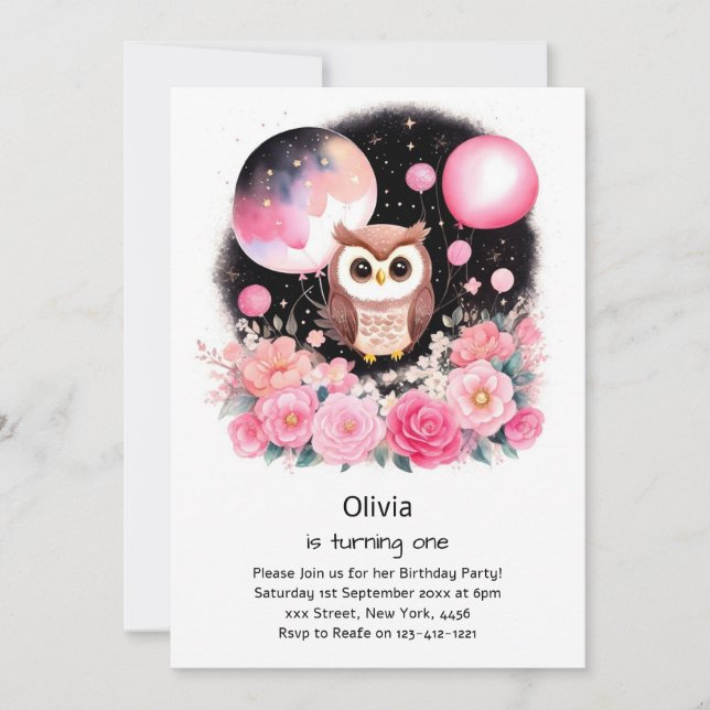 Owl First Birthday Invitation (Front)