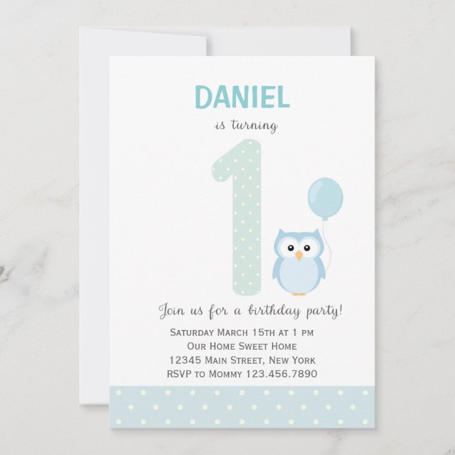 Owl First Birthday Invitation (Blue) (Front)