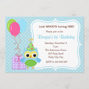 Owl First Birthday Invitations for Boys (Balloons)