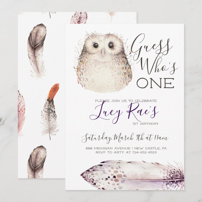 Owl First Birthday Party Invitation (Front/Back)