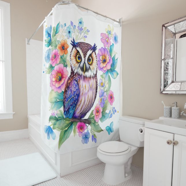 Owl Floral Artistic Watercolor Shower Curtain (In Situ)