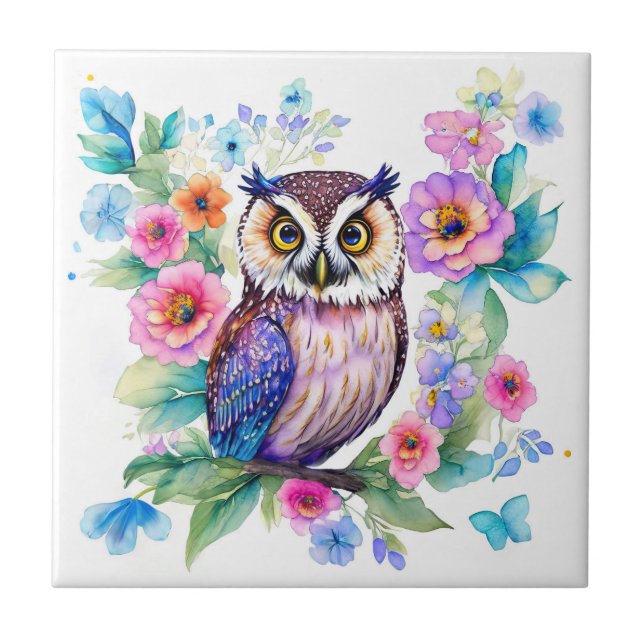 Owl Floral Artistic Watercolor Tile (Front)