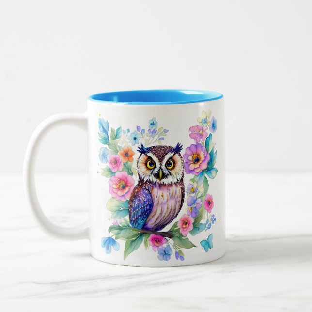 Owl Floral Artistic Watercolor Two-Tone Coffee Mug (Left)