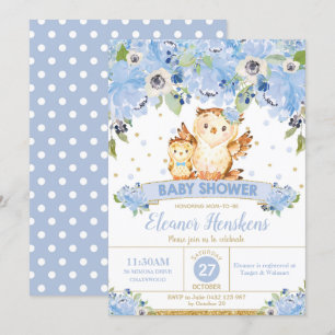 Owl Floral Baby Shower Blue Flowers Baby Boy Invitation