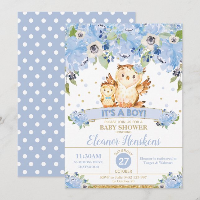 Owl Floral Baby Shower Blue Flowers Baby Boy Invitation (Front/Back)