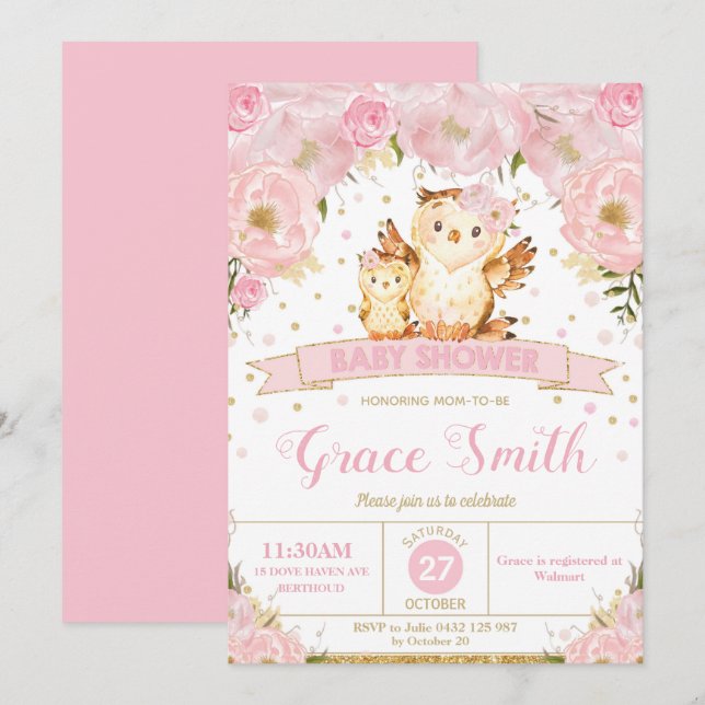 Owl Floral Baby Shower Invitation Girl (Front/Back)