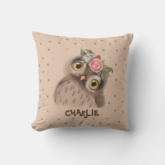 Owl Floral Wreath  Throw Pillow (Front)