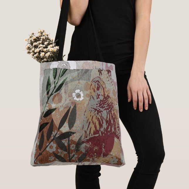 Owl Flowers and Branches Graphic Tapestry Collage Tote Bag (Close Up)