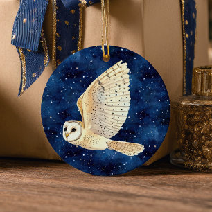 Owl Flying Across Starry Night First Xmas Photo Ceramic Tree Decoration