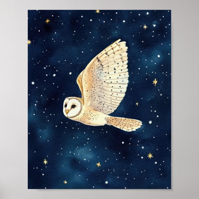 Owl Flying Across Starry Night Watercolor Xmas Poster (Front)
