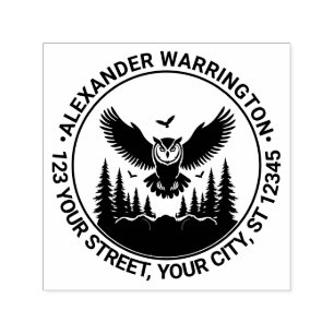 Owl Flying Front View Fir Trees Name Ret Address Self-inking Stamp
