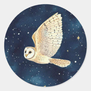 Owl Flying in Starry Night Watercolor Christmas  Classic Round Sticker