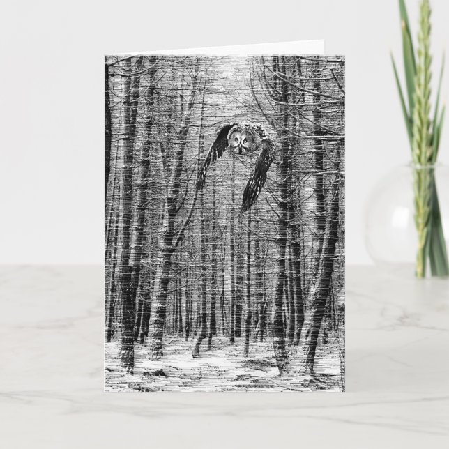 Owl flying in the woods holiday card (Front)