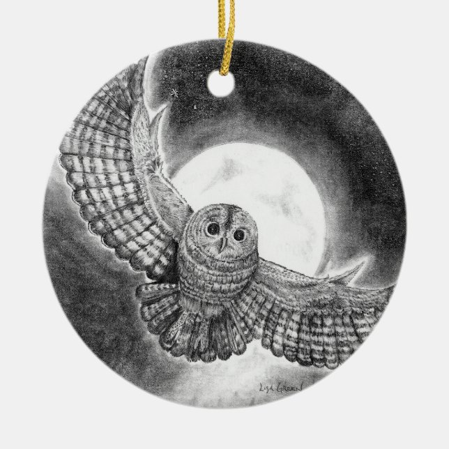 Owl Flying on a Moonlit Night Ceramic Tree Decoration (Front)