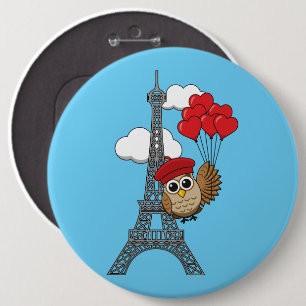 Owl Flying with Heart Balloons in Paris 6 Cm Round Badge