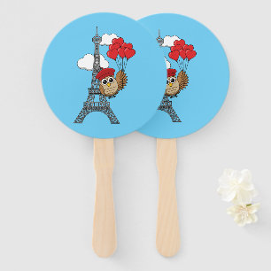 Owl Flying with Heart Balloons in Paris Hand Fan