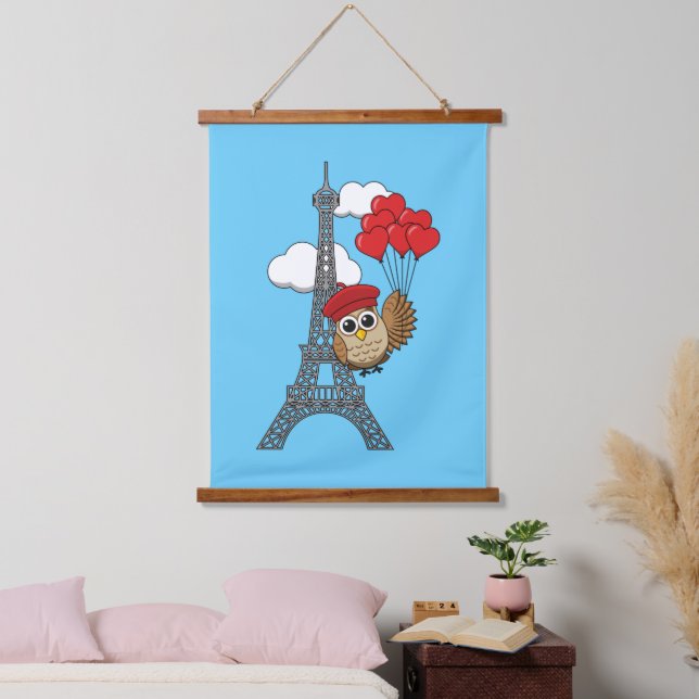 Owl Flying with Heart Balloons in Paris Hanging Tapestry (Bedroom)