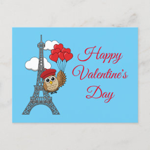 Owl Flying with Heart Balloons in Paris Holiday Postcard