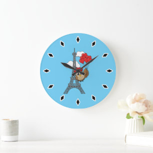 Owl Flying with Heart Balloons in Paris Large Clock
