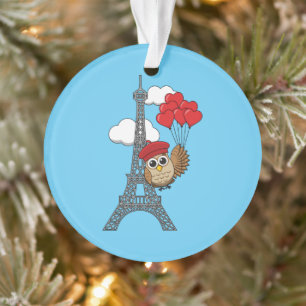 Owl Flying with Heart Balloons in Paris Ornament