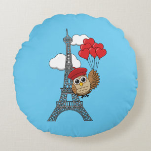 Owl Flying with Heart Balloons in Paris Round Cushion