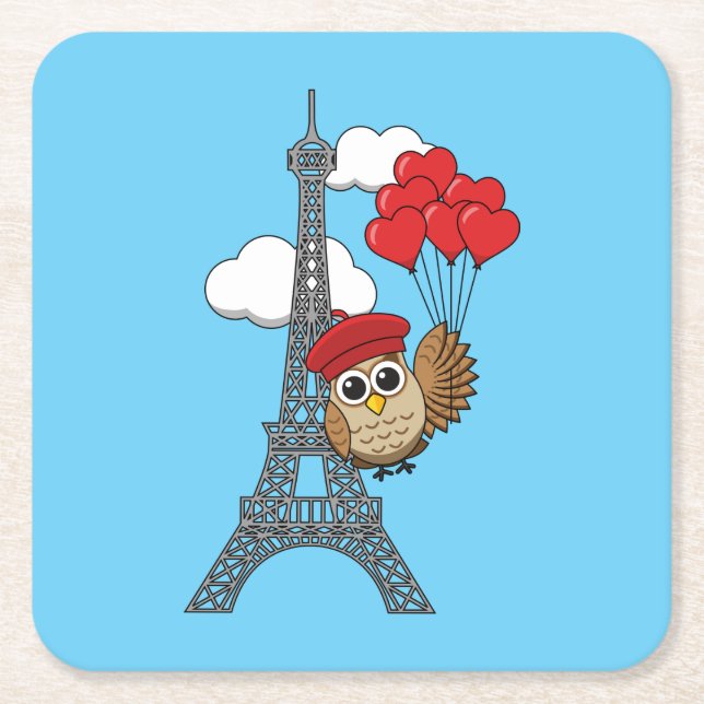 Owl Flying with Heart Balloons in Paris Square Paper Coaster (Front)