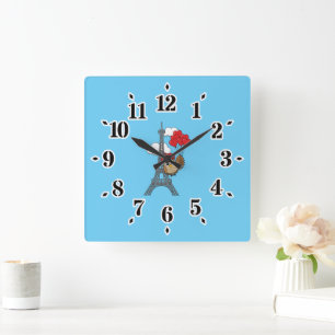 Owl Flying with Heart Balloons in Paris Square Wall Clock