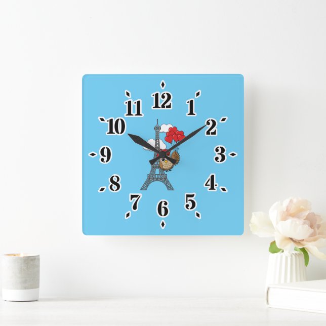 Owl Flying with Heart Balloons in Paris Square Wall Clock (Home)