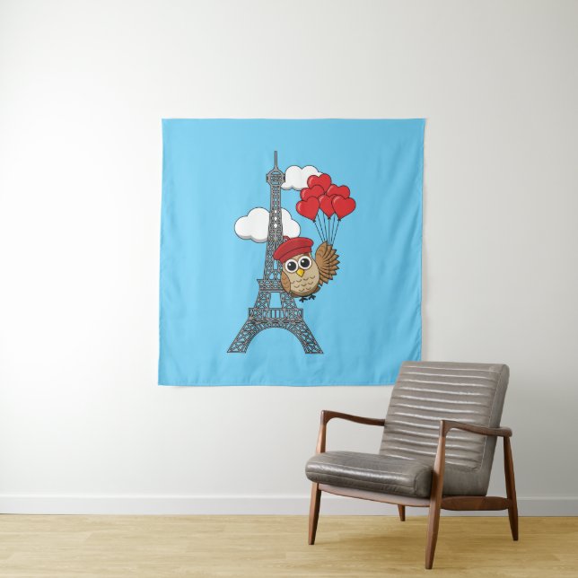 Owl Flying with Heart Balloons in Paris Tapestry (In Situ)