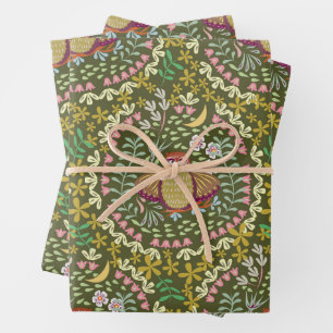 Owl Folk Green Wrapping Paper Sheet