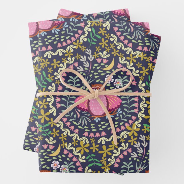 Owl Folk Navy Wrapping Paper Sheet (In situ)