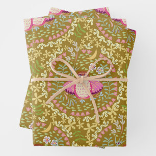 Owl Folk Olive Wrapping Paper Sheet
