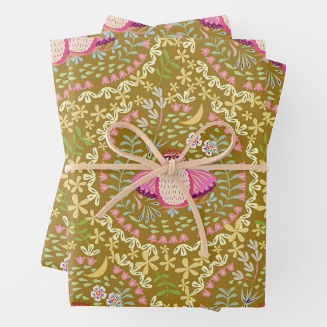 Owl Folk Olive Wrapping Paper Sheet (In situ)