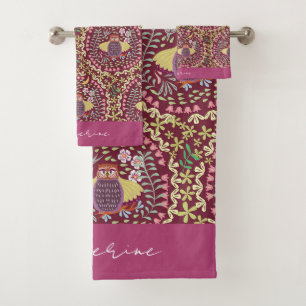 Owl Folk Wine Red Bath Towel Set