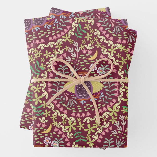 Owl Folk Wine Red Wrapping Paper Sheet (In situ)