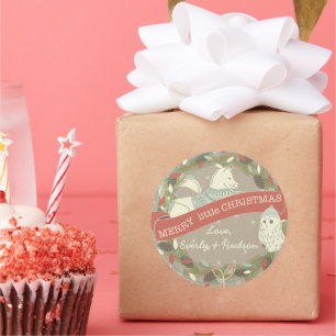 Owl Fox Merry little Christmas Garland of light Classic Round Sticker