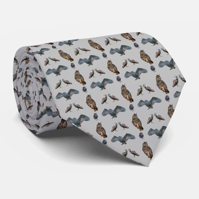 Owl Frenzy Tie Double Sided Print (Grey) (Rolled)